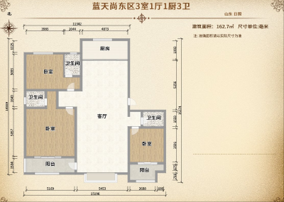蓝天尚东区3室1厅1厨3卫162平